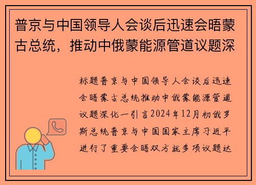 普京与中国领导人会谈后迅速会晤蒙古总统，推动中俄蒙能源管道议题深化