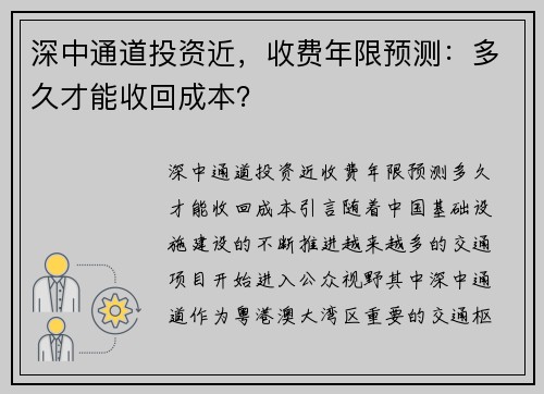 深中通道投资近，收费年限预测：多久才能收回成本？